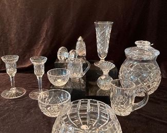 Living Room:  Several pieces of WATERFORD crystal are shown, including small and large sugar & creamer sets and a large biscuit jar.
