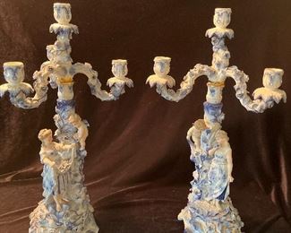 Living Room:  A classic pair of 21" tall German blue and white [two-piece] porcelain candlesticks each can hold four candles.  A closer photo of one follows.