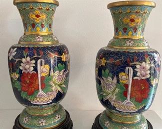 Living Room:  Two identical 8-1/2" tall vintage cloisonné vases on stands are separately priced.
