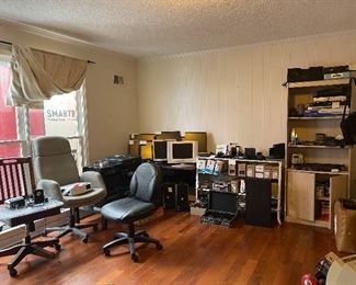 Printers, laser jet ink, monitors, office chairs, bookcases, display cases, stereos