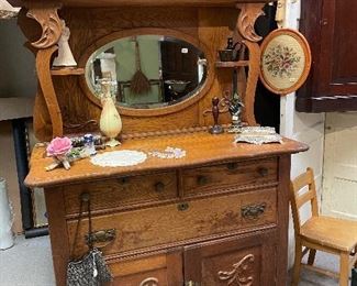 Antique Oak Sideboard with Mirror
