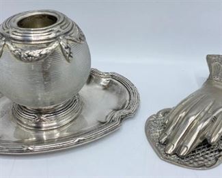 Vintage Silver Plate Ritz Hotel Inkwell By Goldsmith & Silversmith Co. & Letter Holder Clip Shaped Like Hands
Lot #: 61