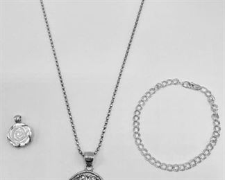 925 Sterling Silver Jewelry: Tree Pendant Necklace, Chain Bracelet & Rose Pendant
Lot #: 19