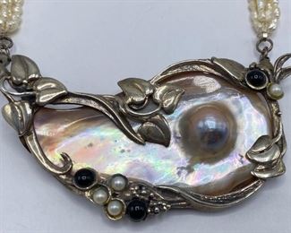 Vintage Large Mother Of Pearl, Fresh Water Pearl & 925 Sterling Silver Necklace With Brooch Pin
Lot #: 4
