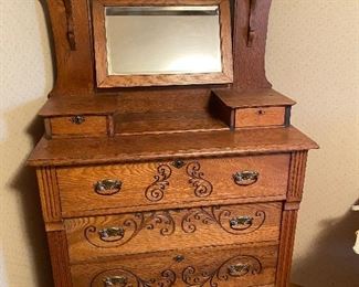 Antique Oak Carved Tall Chest with Swing Mirror. Original Antique Hardware