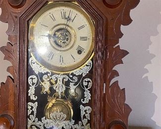 Antique 1920's Kitchen Clock with Alarm. Mahogany Fretwork Case, Hand Painted on Glass. Has Key