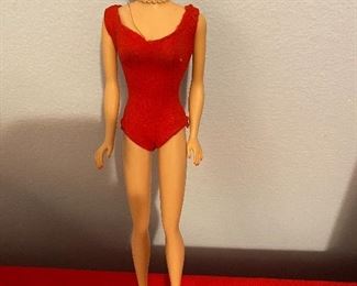 Vintage 1962 Barbie Blonde Bubblecut with Original Red Swimsuit, Pearl Necklace, Pearl Earrings. 