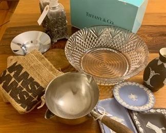 Assorted bric a brac.  Tiffany bowl, Dansk coasters , wedgewood. 