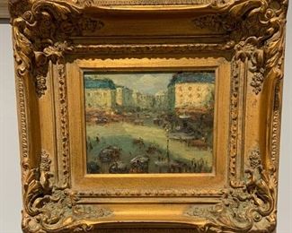 Gilded Framed Oil on Canvas of a European Street Scene