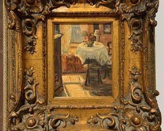 Ornately Framed Artist Signed Interior Scene Oil on Canvas