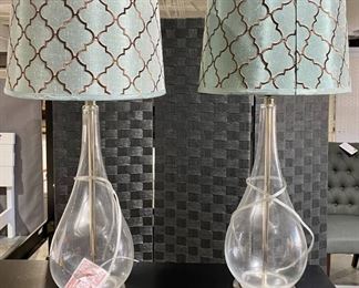 Pair of Buffet Lamps Glass Silver Clear Base Teal Brown Shades