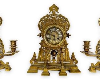 Antique French Brass Mantle Clock w/ Pair