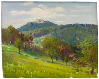 Oil On Canvas Landscape 1958 Signed Illegibly