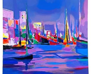 Marcel Mouly "Bateaux Dans la Rade Rose" Serigraph