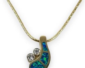 14K Australian Opal & Diamond Pendant w/ 20" 14K