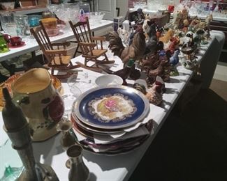 Roosters, minature rocking chairs horses and dog figures 