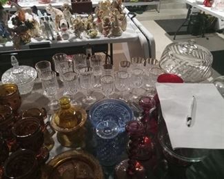 Blue, red and yellow antique glass, lead crystal glass sets