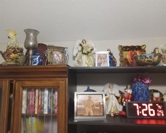 Antique figures and glass, birds and bowls, angels