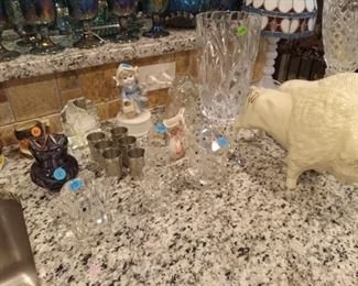 Lead crystal, pewter shot glasses, porcelain buffalo's, crystal vase