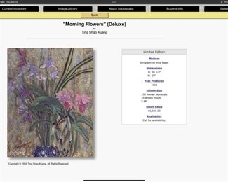 Famous Ting Shaw Kung Morning flower serigraph with gold leaf in finest framing. 1990th.