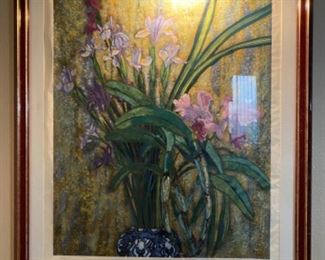 Famous Ting Shaw Kung Morning flower serigraph with gold leaf in finest framing.