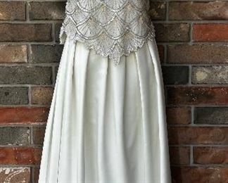 Cream beaded silk formal ware by Lawrence Kazar, size petite large 