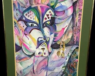 Mardi Gras watercolor signed, frame needs new glass.
