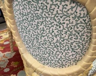 Faux bois chair back with gorgeous sea blue fabric…set of four with round glass top table.