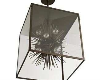 $1600 USD Arteriors Zanadoo 12 Light 18" Wide Outdoor Pendant NEW IN BOX -HOP104-L1114 ALL OFFERS CONSIDERED Description: Chic while balancing the concepts of geometrics and eclecticism, the Zanadoo Outdoor Pendant by Arteriors delivers full-fledged visual appeal to contemporary outdoor settings. The piece resembles a star encased in a glass box, with the framework of the box comprised of a steel frame and clear glass panels. Within the box is a starburst design with multiple spindles and rods protruding outwards. Fixture utilizes a total of 12 incandescent bulbs (not included) to supply the immediate area with warm, ambient type of light.
Features
Constructed from steel
Includes a glass shade
(12) 40 watt maximum candelabra (E12) bulbs required
Includes (1) 4", (1) 6", and (2) 12" downrods
Intended for outdoor use
UL, CUL, and CSA rated for wet locations
Covered under a 1 year limited manufacturer warranty
Dimensions
Fixture Height: 26"
Minimum Height: 26"
Maximum Hanging He