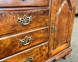 $250 USD Stanley Furniture China Cabinet Display Hutch MTF153-1 Decsription: Clean and pretty 3 glass panel front illuminated Stanley china cabinet. Single glass front door, 3 lower drawers flanked by 2 lower cabinet doors. Intricate brass toned hardware, illuminated top is enhanced by the mirror back interior, with interior glass shelving. It is in next to perfect condition.
Dimensions: 50 x 16 x 76 in
Condition: Used and in very good condition. Only minimal signs of any wear associated with use and age.
Location: Local pick up Portland, OR. Shipper suggestions available upon request. Item is in a warehouse with easy bay door access. https://goodbyhello.com/products/stanley-furniture-china-cabinet-display-hutch-mtf161?_pos=4&_sid=ae19d08a3&_ss=r