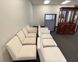 $3500 USD Set of 8 Restoration Hardware Emery Fabric Dining Chairs MTF153-2 Decsription: A tubular steel base gives our postmodern side chair a machine-age reference. Its slender legs support the impeccably upholstered seat and back for a crisp and geometric silhouette. Plush foam cushions provide the perfect combination of comfort and enduring support. In a natural white Italian textured weave with polished stainless base. 6 side chairs and 2 arm chairs.
Dimensions:
Armchair: 23"W x 25"D x 32"H
Seat: 18½"W x 18"D
Seat Crown Height: 19½"
Arm: 2¼"W x 26"H
Side Chair: 17½"W x 24½"D x 32"H
Seat: 17½"W x 18"D
Seat Crown Height: 19½"
Condition: Used and in very good condition. Chairs need professional cleaning otherwise they are in very good condition. Please see pictures for more detail.
Location: Local pick up Portland, OR. Shipper suggestions available upon request. Item is in a warehouse with easy bay door access. https://goodbyhello.com/products/copy-of-stanley-fu