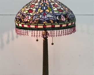 Brass Table Lamp With Fringe And TiffanyStyle Shade