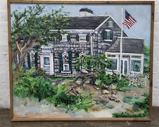 Linda Myers Oil On Canvas, Framed, House With Flag