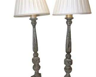 $1800 Rustic Wooden Victoria Style Tall Floor Lamps- Pair 12x12x70