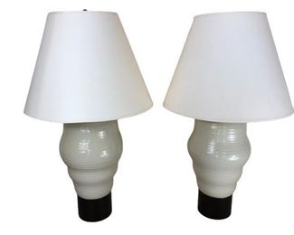 $900 Christopher Spitzmiller, Pair Of Ribbed Ceramic And Walnut Base Lamps 7.5*7.5*31