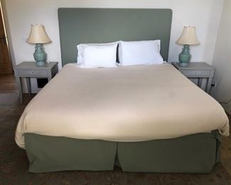 $700 King Bed Sage Green Set- includes base, bed and headboard. Also available for auction celadon lamps, bedside tables. 80*64*85