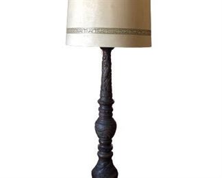$900  19th Century Carved Wooden Floor Lamp. High relief serpentine carvings throughout with a silk shade.