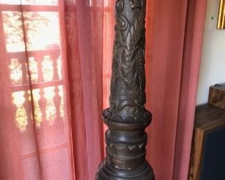 $900  19th Century Carved Wooden Floor Lamp. High relief serpentine carvings throughout with a silk shade.