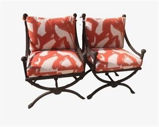 $400 Pair Kreiss wrought iron dining chairs and cushions (6 chairs/ 3 pairs available)