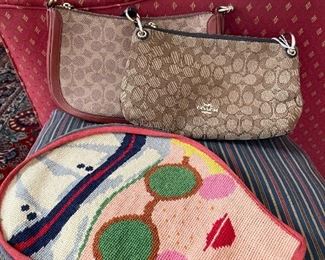 Coach Purses and a Needlepoint Tennis Racket Cover