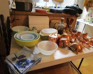 Pyrex, Mid Century kitchen items, vintage copper kitchen ware