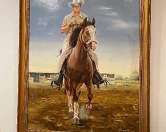 Large oil on canvas Cowboy on horse