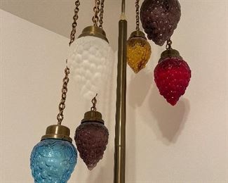mid century pole lamp with 5 colored grape pendant lights