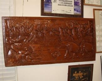 large carved wood panel from Southeast Asia