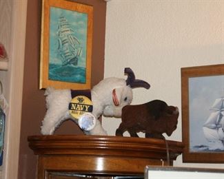 vintage NAVY Ram with buttons, Buffalo coin bank