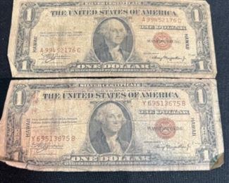 Silver certificate Hawaii one dollar bills