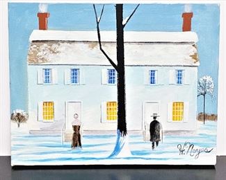 Folk Art oil on canvas painting by Harold Noyes depicting two Shakers standing in front of a Shaker 'dwelling'. It is 11 ins x 14 ins. A commercial artist, he went to New York at 24 as an art director for the "True Confessions" and Captain Marvel comics. In 1942 he moved to Los Angeles and motion picture advertising for Howard Hughes, MGM, RKO and other studios. Extensive work for Walt Disney included designs for the first Disneyland guidebook. Expanding his painting talent, he joined the Laguna Beach Art Assn. and won competitive show awards throughout southern California. His works were shown at Laguna's Challis Galleries and in Los Angeles, Santa Barbara, Riverside, San Juan Capistrano, New Mexico and Florida galleries. Moving to Texas, his paintings of Texas courthouses were exhibited in Dallas. He painted "Main Street U.S.A." for Corsicana's Sesquicentennial. In the ensuing decades he continued to paint historical Texas homes and scenes.