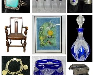 Silver & Turquoise Ladies Concho Belt, Towle Silverware, Sansui AM/FM Stereo Turner, Jasper Secretary Desk, New England Toile Mixing Bowls, Beautiful Dinnerware, Sterling Silver Jewelry, Signed Art Prints, Vintage Record Player, Etc.