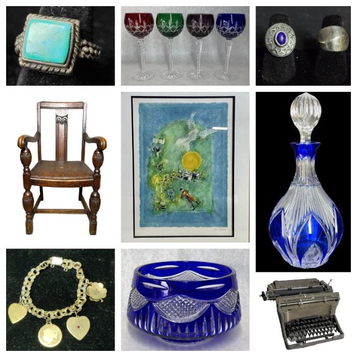 Silver & Turquoise Ladies Concho Belt, Towle Silverware, Sansui AM/FM Stereo Turner, Jasper Secretary Desk, New England Toile Mixing Bowls, Beautiful Dinnerware, Sterling Silver Jewelry, Signed Art Prints, Vintage Record Player, Etc.