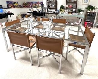 30% OFF  FANTASTIC  Baughman Mid Century Modern chrome and beveled glass table w/1 leaf and 6 chrome and leather chairs 